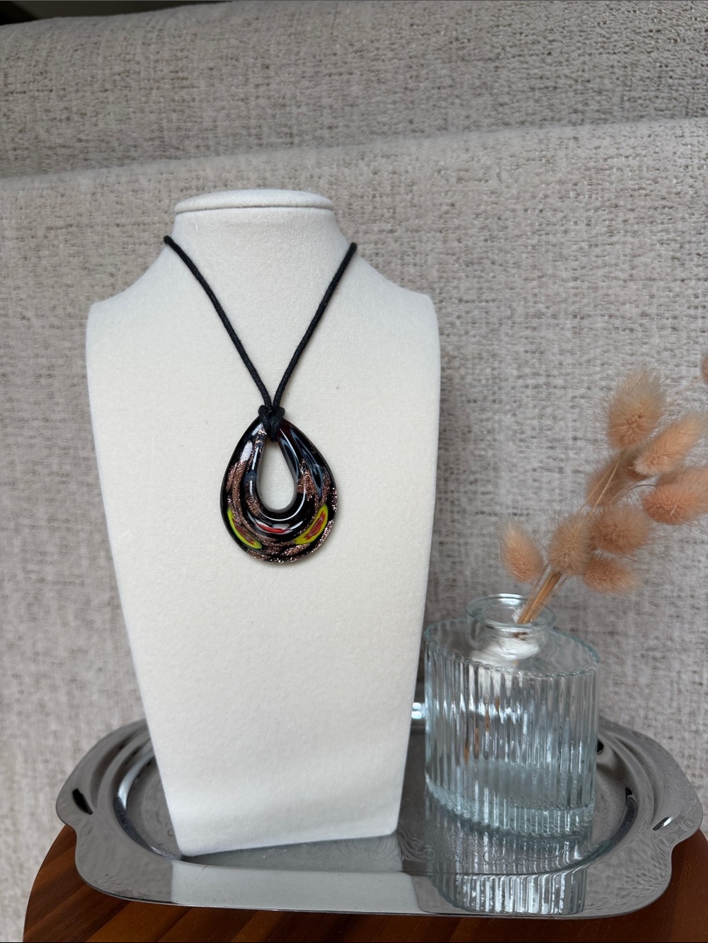 Handblown Glass Teardrop Pendant Necklace - Black with Multicolor Accents